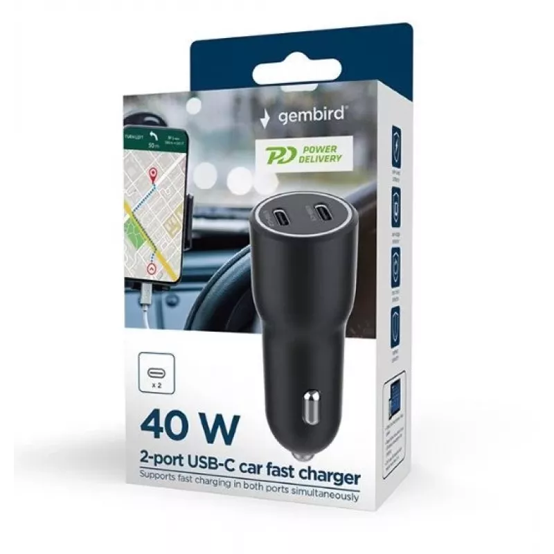 Automobilinis maitinimo adapteris Gembird TA-UC-C2PD40-CAR-01 (40W, 2xUSB-C PD) juodas