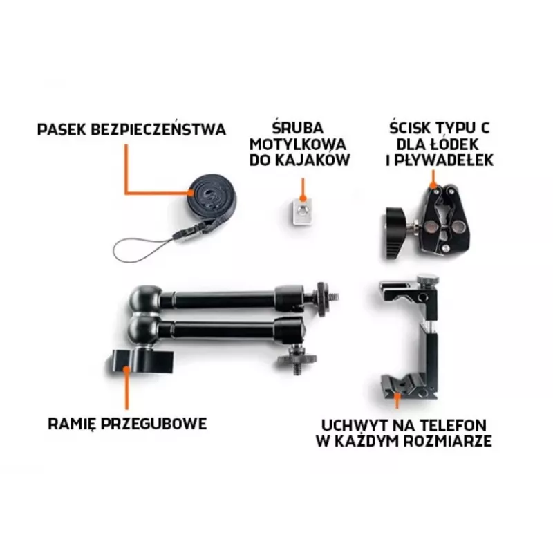 Telefono laikiklis valčiai ir baidarei ITGAM0026 – aliuminis, reguliuojamas kampas, C spaustuvas iki 41 mm, telefonų plotis 65–95 mm