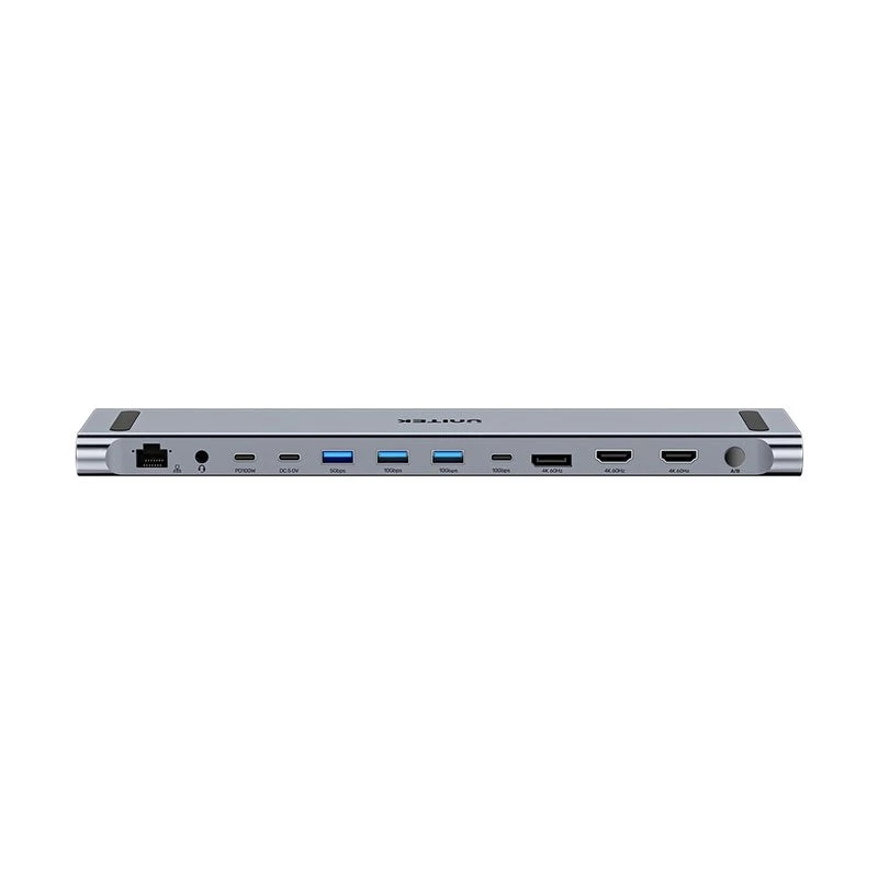 Unitek D1106AGY01 USB-C triguba 4K dokų stotis su KVM, 3x USB-A, 5x USB-C, HDMI×2, DP×1, RJ-45, SD kortelių skaitytuvas, 3840×2160@60Hz, aliuminis