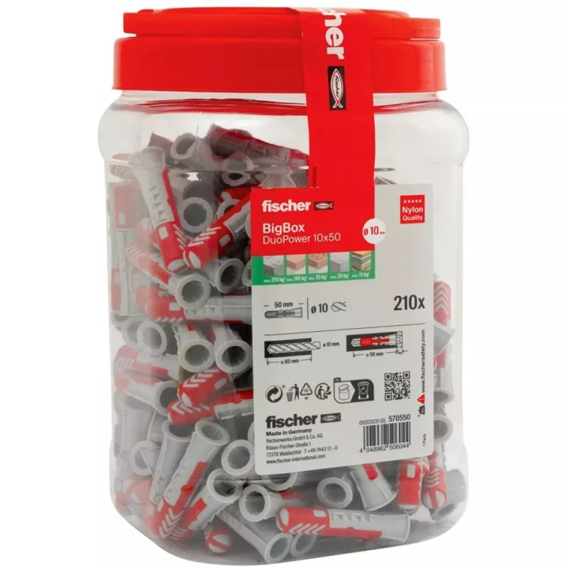 fischer sieninis kaištis DUOPOWER 10x50 BigBox šviesiai pilkas/raudonas 210 vnt. užsandarinama dėžė (570550)