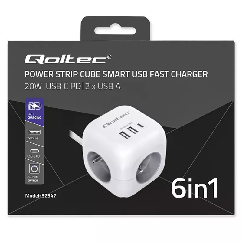 Power Cube QOLTEC 52547 ilgintuvas 3×AC lizdai, 2×USB-A, 1×USB-C PD 20W