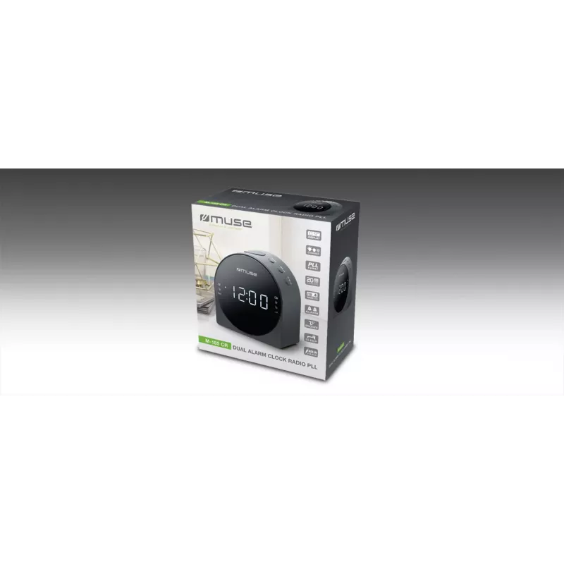 Radijo laikrodis Muse M-185 CR – FM/MW, 0,9 colio LED ekranas, AC 230V su AAA baterijos atsargine energija, juodas