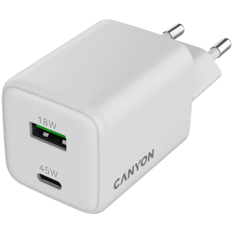 Canyon CU45AC 45W universalus baltas greitasis sieninis kroviklis su USB-C ir USB-A