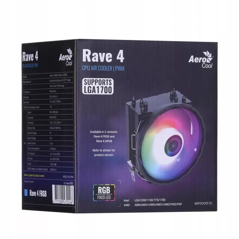 CPU aušintuvas AEROCOOL PGS Rave 4 FRGB 120mm ventiliatorius, 4 šilumos vamzdeliai, ARGB, 120×25 mm, 1800 RPM, 12 V, 0,5 A