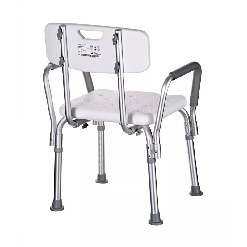 Priekabinis dušo kėdė ActionMed KP300AM su atlošu ir porankiais, polipropilenas, reguliuojamas aukštis 43–56 cm, sėdynė 40×33 cm, maks. svoris 110 kg