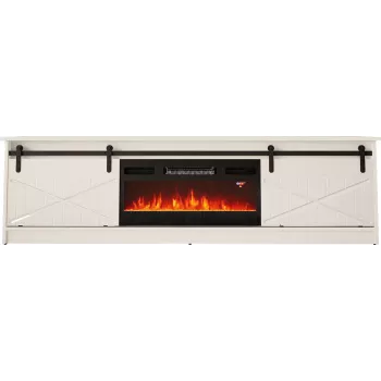 Spintelė TV su elektriniu židiniu Cama Meble GRANERO modelis RTV GRANERO + KOM B/B, 200x56,7x35 cm, balta/blizganti balta, 2 durys, 2 lentynos, MDF/medžio drožlių plokštė
