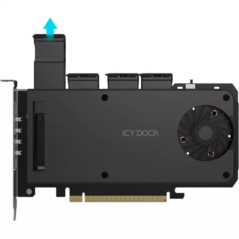 „Icy Dock MB204MP-1B“ – mobilaus stovo adapterio kortelė, 4 × M.2 NVMe SSD karštojo keitimo dėklas