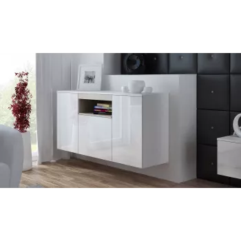 Sideboard Cama Meble VIVA 150 – baltas/baltas blizgus ir sonoma ąžuolas, 3 durys, 5 lentynos, 1500×450×800 mm