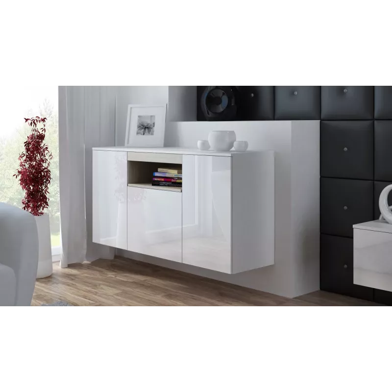 Sideboard Cama Meble VIVA 150 – baltas/baltas blizgus ir sonoma ąžuolas, 3 durys, 5 lentynos, 1500×450×800 mm