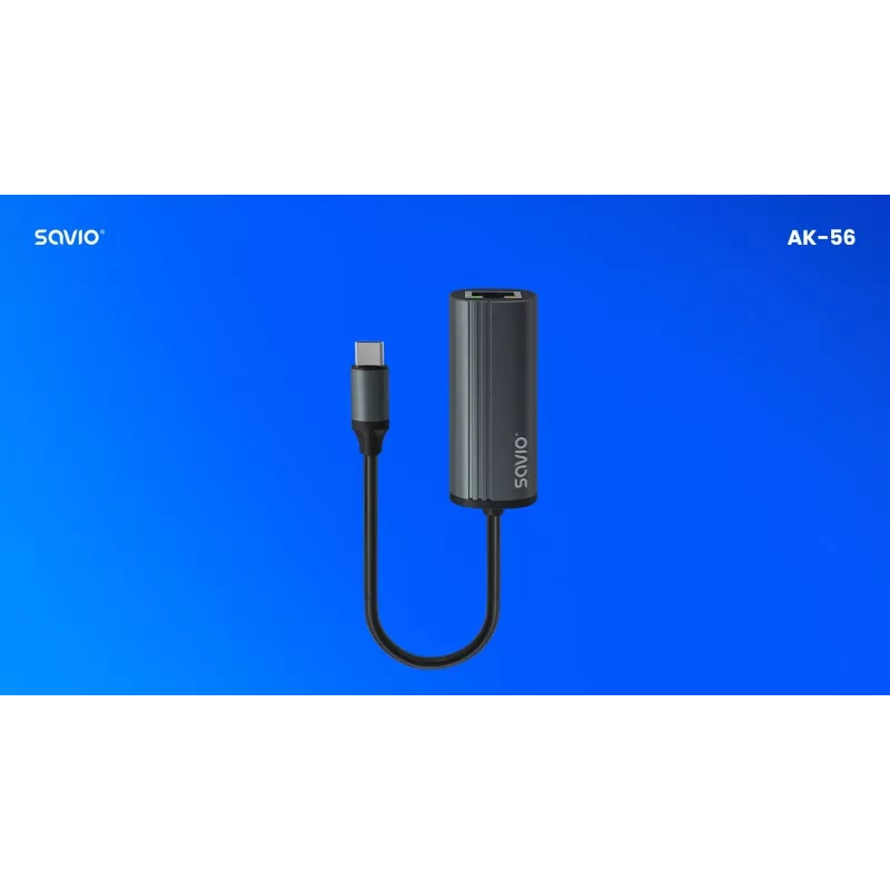 SAVIO Adapter USB-C 3.1 Gen.1 (vyriškas) į RJ-45 Gigabit Ethernet (moteriškas), 1000 Mbps, AK-56, pilka
