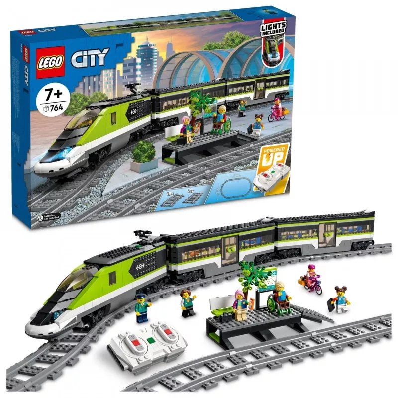LEGO City 60337 Express keleivinis traukinys su nuotolinio valdymo pultu, žaislas vaikams, berniukams ir mergaitėms, su veikiančiais priekiniais žibintais, 2 vagonais ir 24 bėgių dalimis