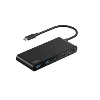 Belkin Connect USB-C centras, HDMI, USB 2.0 Type-A, USB 3.2 Gen 1 Type-C, MicroSD, SD, juodas, apvalus kabelis, 0,2 m
