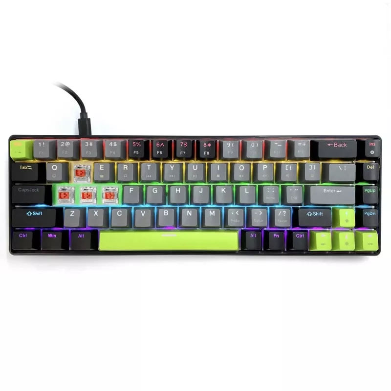 Mechaninė klaviatūra MEDIA-TECH MT1260 Red Core MX60, 60% formatai, CHERRY MX Red jungikliai, RGB foninis apšvietimas, USB, žalia