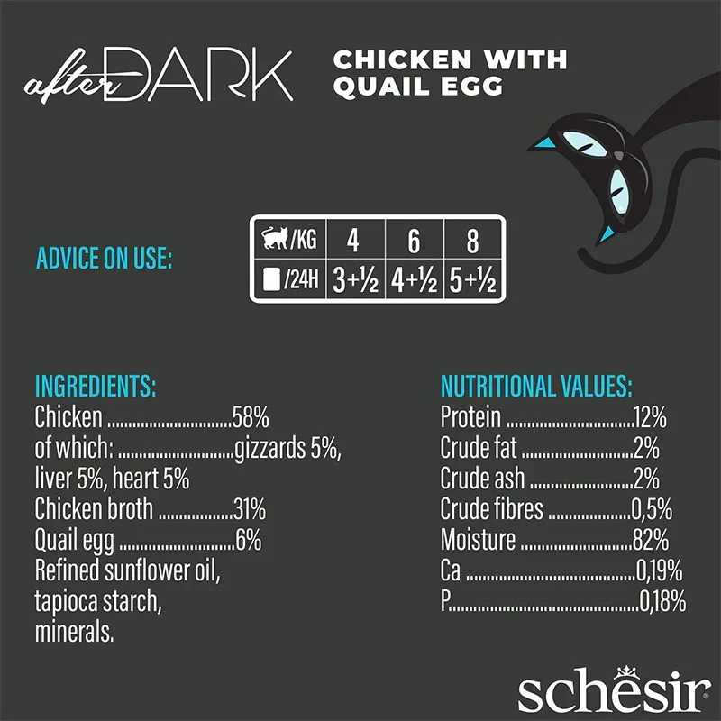 Šlapias kačių ėdalas Agras Pet Foods Schesir after Dark Complete Brühe 80 g – vištiena, be glitimo, suaugusioms katėms