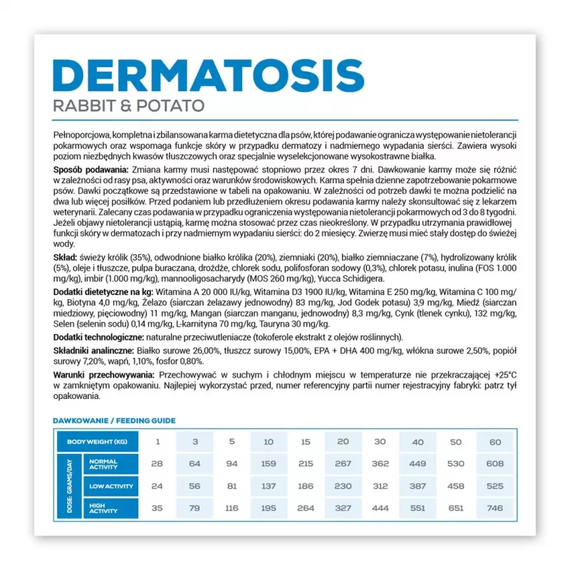 Sausas šunų ėdalas VETEXPERT Veterinary Diet Dermatosis Triušis ir Bulvė 2 kg – suaugusiems, monoproteininis, be grūdų/glitimo/sojos