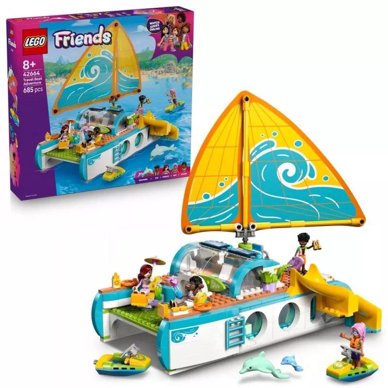 LEGO Friends kelionių laivo nuotykių rinkinys 42664 – 685 detalės, 4 mini lėlytės, nuo 8 metų, 260×190×320 mm