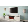 Spintelė TV su elektriniu židiniu Cama Meble GRANERO modelis RTV GRANERO + KOM B/B, 200x56,7x35 cm, balta/blizganti balta, 2 durys, 2 lentynos, MDF/medžio drožlių plokštė