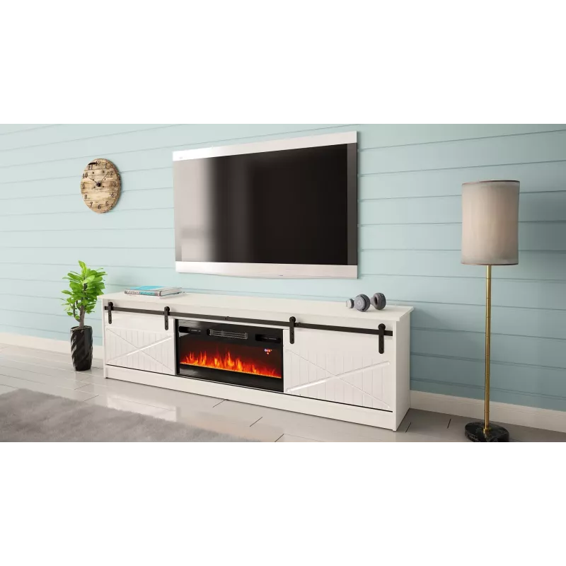 Spintelė TV su elektriniu židiniu Cama Meble GRANERO modelis RTV GRANERO + KOM B/B, 200x56,7x35 cm, balta/blizganti balta, 2 durys, 2 lentynos, MDF/medžio drožlių plokštė