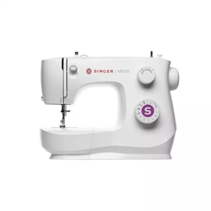 SINGER mechaninė siuvimo mašina M2505 – 10 siūlių, automatinė sagos skylutė, laisva rankovė, balta