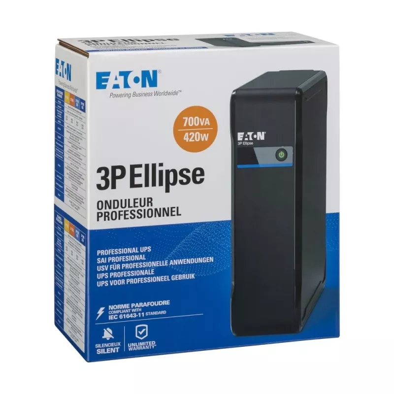 Nepertraukiamo maitinimo šaltinis Eaton 3P Ellipse 0,7 kVA (420 W), budėjimo režimas, 4 AC lizdai, 7 Ah baterija, bokštelis, juoda