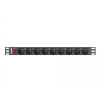 Maitinimo skirstytuvas LANBERG PDU-09E-0300-BK — 9x E tipo lizdai, 16 A, 220–250 V, 3 m laidas, 1U stovas, 19 colių