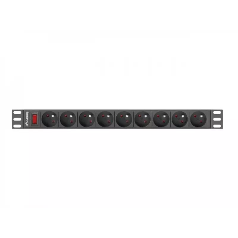 Maitinimo skirstytuvas LANBERG PDU-09E-0300-BK — 9x E tipo lizdai, 16 A, 220–250 V, 3 m laidas, 1U stovas, 19 colių