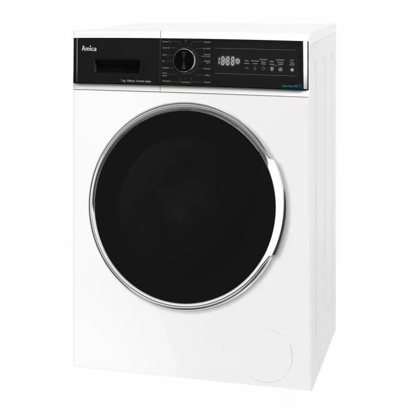 Laisvai pastatoma skalbyklė AMICA WA3S712BLiSHB, 7 kg, 1200 aps./min., 2100 W, LED ekranas, juodos spalvos durelės