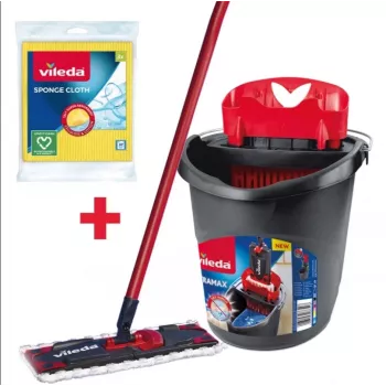 Grindų šluotražė VILEDA Ultramax BOX 177453 su keičiama mikropluošto galvute, gręžimo kibiru, 3 skalbiamomis servetėlėmis, juoda