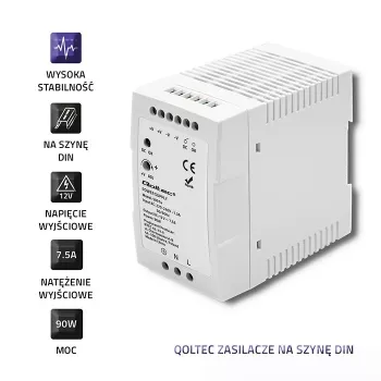 Qoltec 50914 maitinimo šaltinis DIN bėgiui | 90W | 12V | 7,5A | Baltas | Plonas
