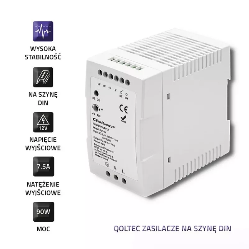 Qoltec 50914 maitinimo šaltinis DIN bėgiui | 90W | 12V | 7,5A | Baltas | Plonas