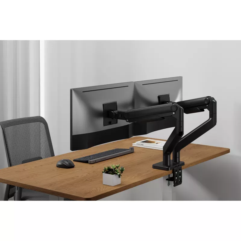 Laikiklis monitoriui DIGITUS Dvigubas monitorių laikiklis 2×45 colių ekranams, spaustuvas, 2×20 kg, VESA 75×75–100×100, pakreipimas -20–50°