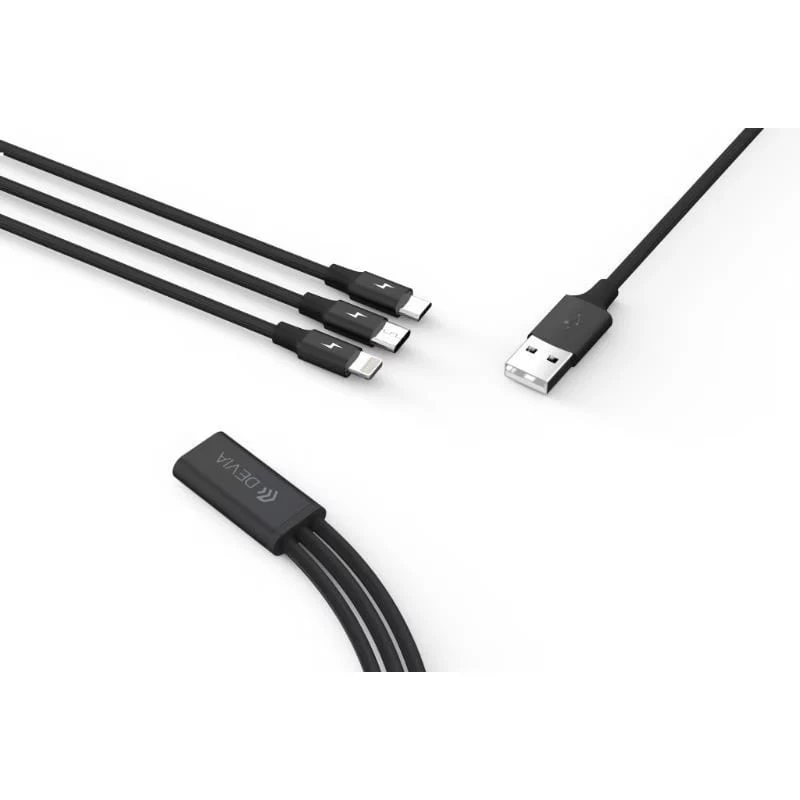 USB 3-in-1 įkrovimo ir duomenų kabelis Devia Kintone Series — Lightning, Micro-USB, USB-C, 1,2 m, juodas