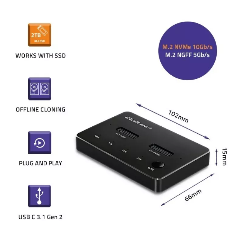 Qoltec 52274 M.2 SSD diskų dėklas | NVMe | SATA | USB-C | DUAL 2 x 2TB