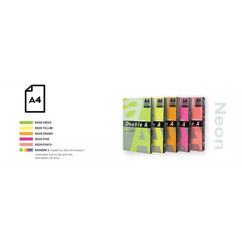 Spalvotas neoninis popierius Double A, 75g, A4, 100 lapų, Rainbow 4, 5 neoninių spalvų