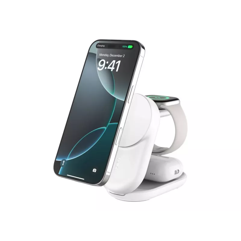Belaidinis įkroviklis Belkin UltraCharge 25W Qi2 3 viename magnetinis įkroviklis EU baltas apvalus