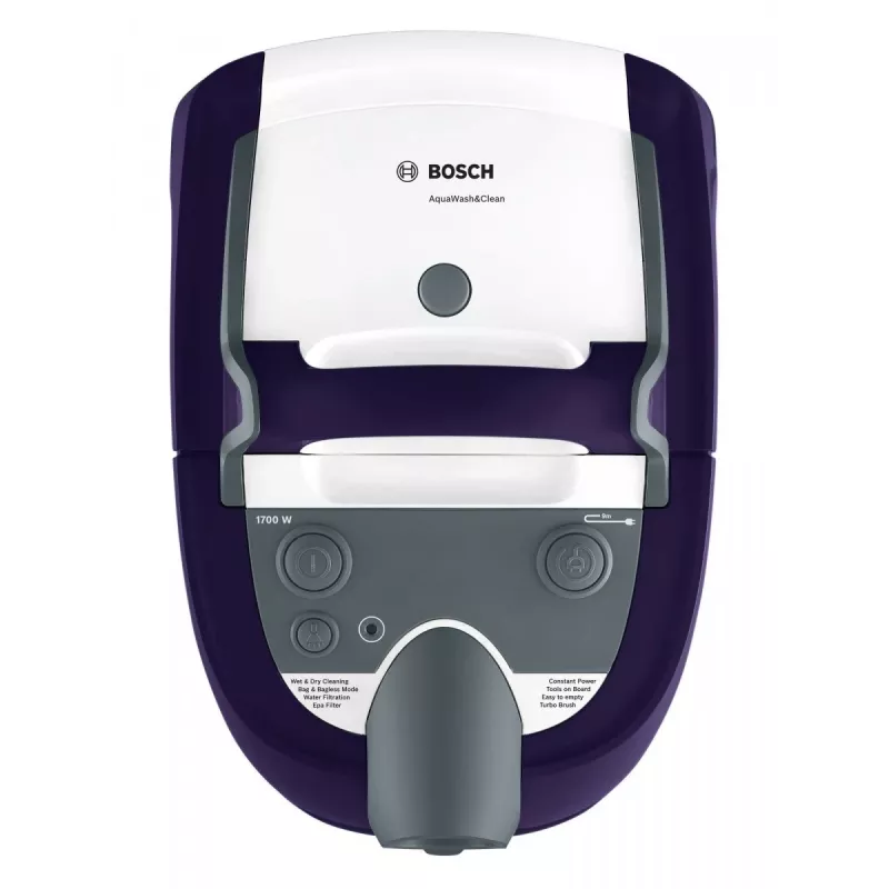 Šlapio ir sauso valymo dulkių siurblys Bosch BWD 41740 AquaWash&Clean — 1700 W, 5 L talpa, EPA filtras, teleskopinis vamzdis, 9 m spindulys, violetinis