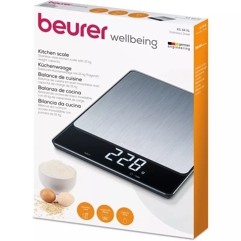 Virtuvinės svarstyklės Beurer KS 34 XL nerūdijančio plieno, talpa 5 kg, tikslumas 1 g