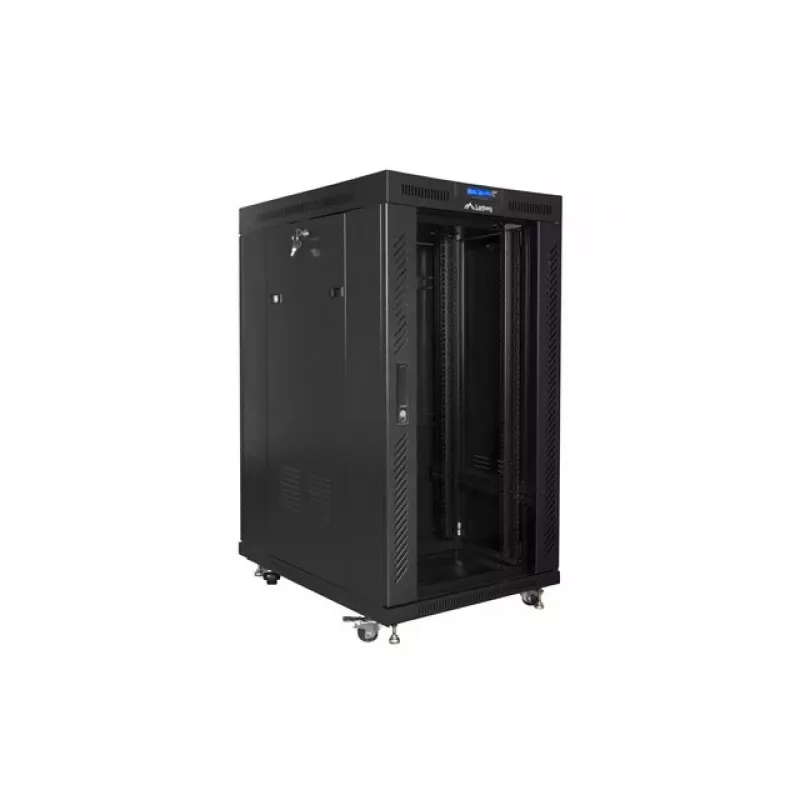 Grindinis serverio spintos korpusas 19 colių 22U 800x1000 stiklinėmis durimis LCD (plokščioje pakuotėje) V2 juodas