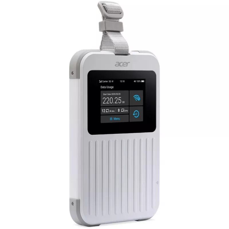 Nešiojamasis maršrutizatorius Acer Connect M6E su 20GB, dviejų juostų (2,4 GHz + 5 GHz arba 2,4 GHz + 6 GHz), Wi‑Fi 6E, 5G, IP68, 2x2 vidinės antenos, 4 GB RAM, 2,5 GHz CPU
