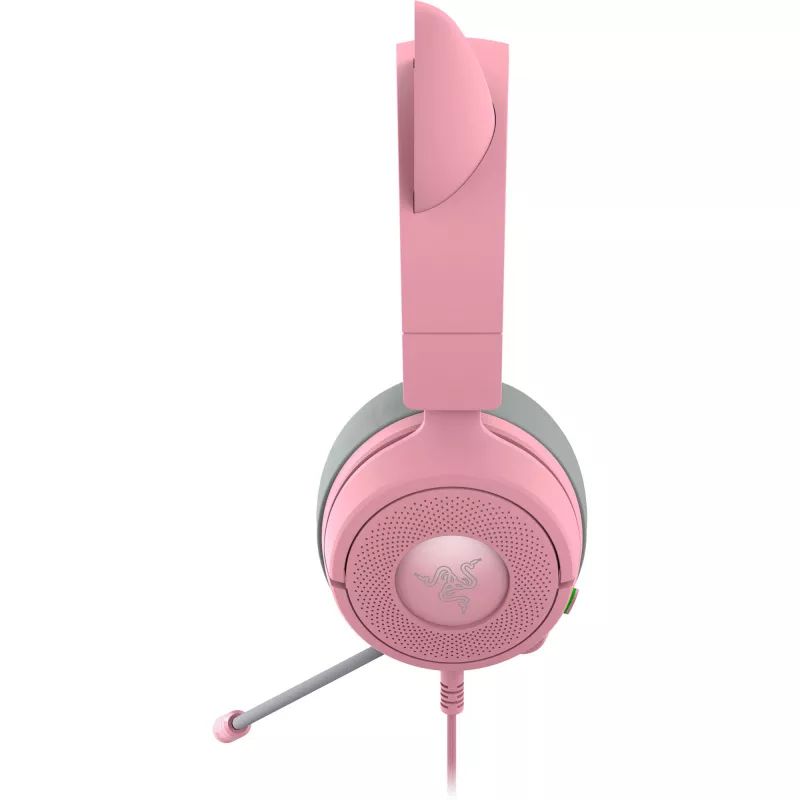 Ausinės žaidimams Razer Kraken Kitty V3 X – laidinės USB Type-A, uždengiančios ausis, 20–28 kHz, 1,3 m laidas, rožinės