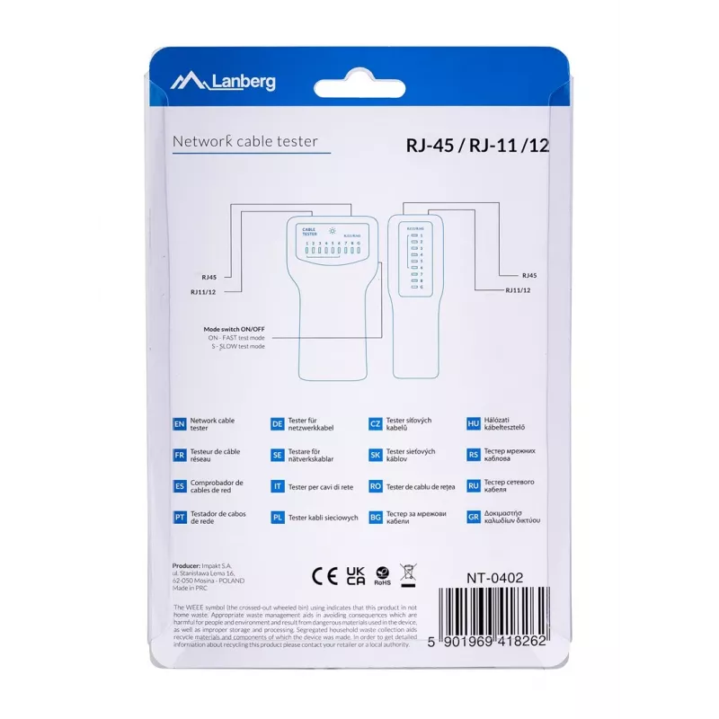 PoE kabelių testeris LANBERG NT-0402 – tinklo kabelių tikrintuvas su RJ-45/RJ-11, LED indikatoriais