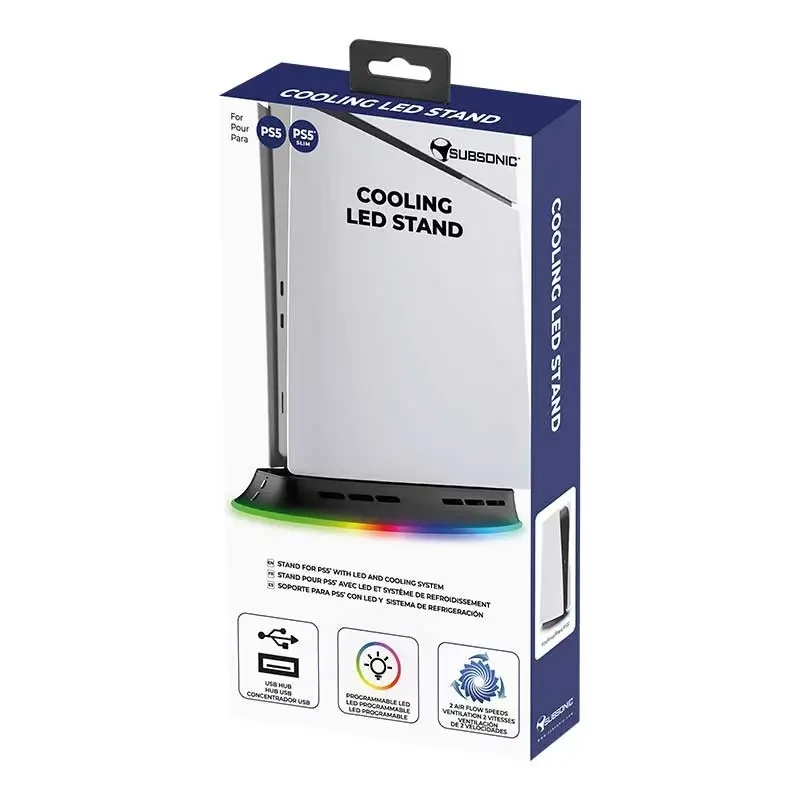 Aušinimo stovas SUBSONIC SA5656 PS5 ir PS5 Slim su LED šviesomis, kelių ventiliatorių aušinimu, USB maitinimu