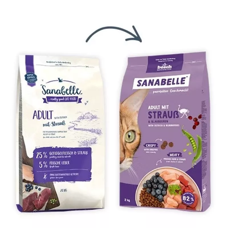 Sausas kačių ėdalas Bosch Sanabelle Life Adult su stručio mėsa ir mėlynėmis, 8 kg
