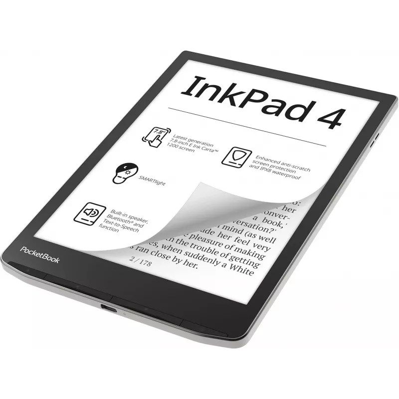 E. knygų skaityklė „PocketBook InkPad 4“ 7,8 colio E Ink Carta, 32 GB, „Wi‑Fi“, juoda/sidabrinė