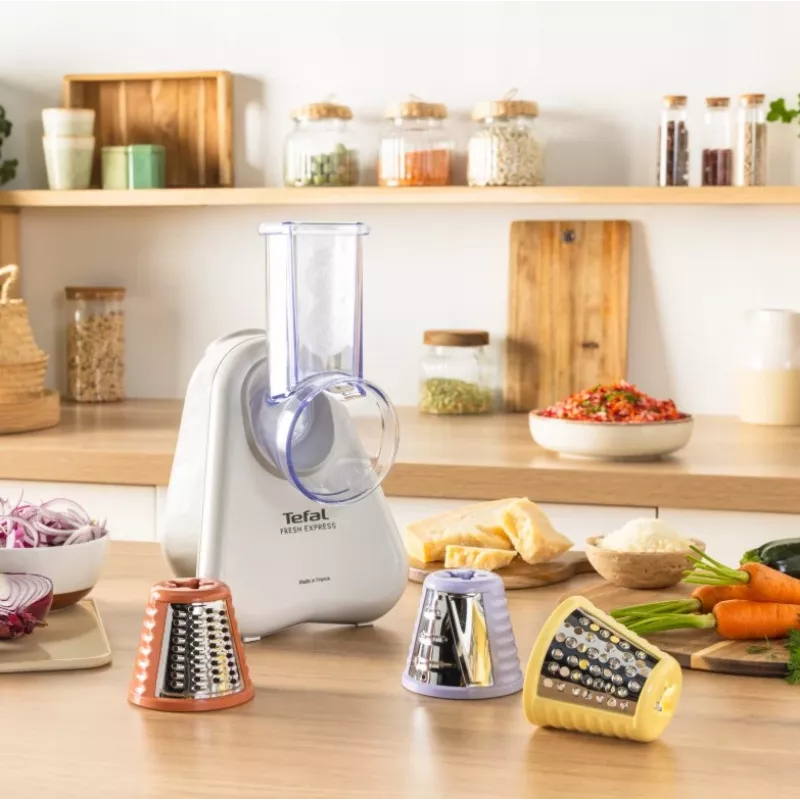 Elektrinė daržovių tarkuotuvė Tefal Fresh Express DN853BE0 — 150 W, 3 keičiami antgaliai, 1 greitis, kreminė