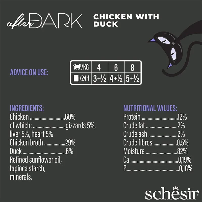 Šlapias kačių maistas Agras Pet Foods Schesir after Dark Complete Brühe 80 g – vištiena, be grūdų, be glitimo ir sojos