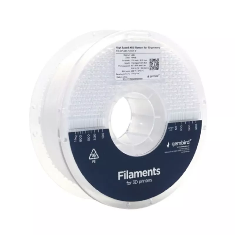 GEMBIRD ABS 1,75 mm 1 kg filamentas — Baltas, tinka bet kuriam spausdintuvui
