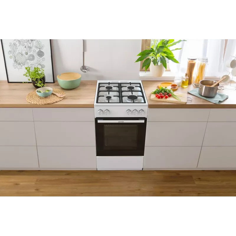 Laisvai pastatoma dujinė viryklė su orkaite Gorenje GG5A10WFFM – 4 degikliai, 70 L orkaitė, emaliuotas viršus, balta
