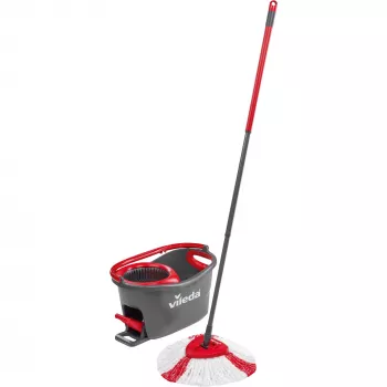Vileda EasyWring & Clean Turbo šluota su kibiru, raudonas technopolimerinis kibiras, nuimama skalbiama mikropluošto galvutė, kietoms grindims