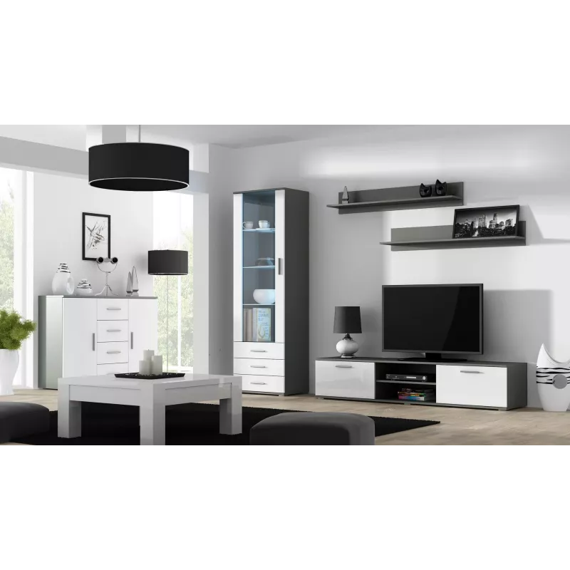 Sideboard Cama Meble UNI pilkos/baltos spalvos blizgesys, 2 durys, 2 lentynos, 1320×380×920 mm